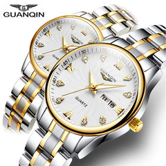 GUANQIN Couple Watch Set Men Women lovers Watch Stainless Steel Date Luxury Gold Quartz Watch Women Clock Ladies Wrist Watch