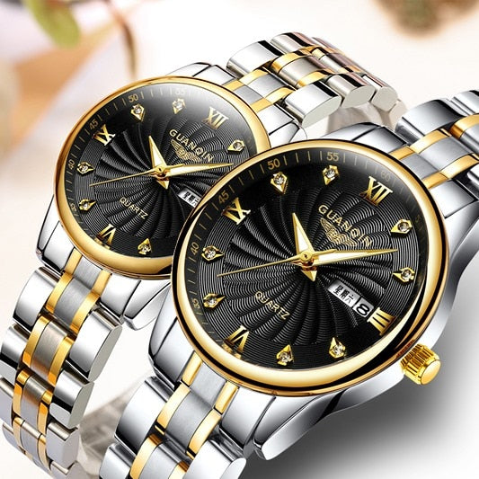 GUANQIN Couple Watch Set Men Women lovers Watch Stainless Steel Date Luxury Gold Quartz Watch Women Clock Ladies Wrist Watch