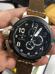 Brand New Automatic Mechanical Men's U CHRONOMETER U1001 Watch U-51 Chimera Silver Aged Brown Cow Leather Boat Watch Black Gold