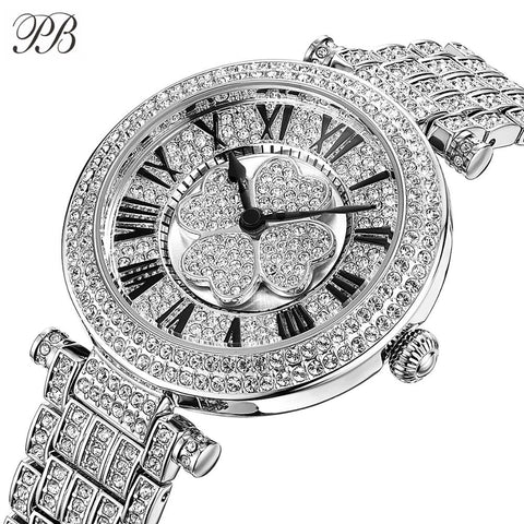 Princess Butterfly Women Luxury Brand Watches Four-leaf Clover Wristwatch Crystal Silver Rotatable Reloj Mujer Quartz Waterproof