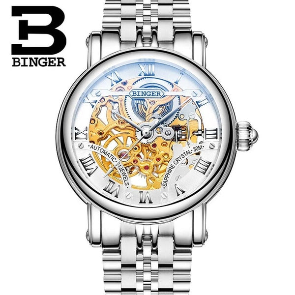 BINGER Couple Automatic Watch Men Skeleton Mechanical Watch For Women Wristwatch Stainless Steel Strap Waterproof Watch B-5066M