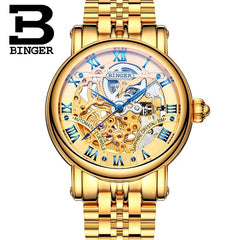 BINGER Couple Automatic Watch Men Skeleton Mechanical Watch For Women Wristwatch Stainless Steel Strap Waterproof Watch B-5066M