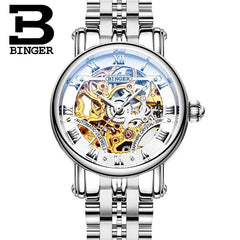 BINGER Couple Automatic Watch Men Skeleton Mechanical Watch For Women Wristwatch Stainless Steel Strap Waterproof Watch B-5066M