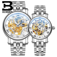 BINGER Couple Automatic Watch Men Skeleton Mechanical Watch For Women Wristwatch Stainless Steel Strap Waterproof Watch B-5066M