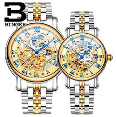 BINGER Couple Automatic Watch Men Skeleton Mechanical Watch For Women Wristwatch Stainless Steel Strap Waterproof Watch B-5066M