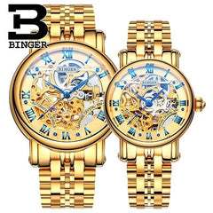 BINGER Couple Automatic Watch Men Skeleton Mechanical Watch For Women Wristwatch Stainless Steel Strap Waterproof Watch B-5066M