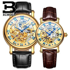 BINGER Couple Automatic Watch Men Skeleton Mechanical Watch For Women Wristwatch Stainless Steel Strap Waterproof Watch B-5066M