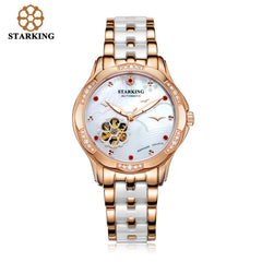 STARKING 34mm Automatic Watch Rose Gold Steel Case Vogue Dress Watches Skeleton Transparent Watch Women Mechanical Wristwatches