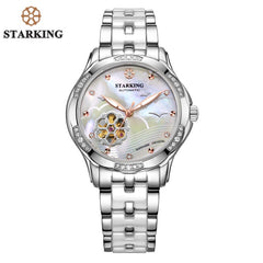 STARKING 34mm Automatic Watch Rose Gold Steel Case Vogue Dress Watches Skeleton Transparent Watch Women Mechanical Wristwatches