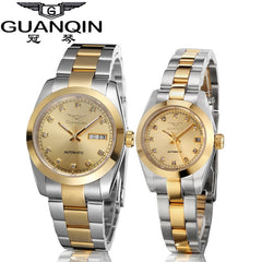 GUANQIN Gold Couple Watch Men Women Mechanical Watch Luminous Calendar Week Waterproof Rhinestones Automatic Lovers Watches