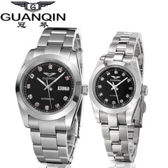 GUANQIN Gold Couple Watch Men Women Mechanical Watch Luminous Calendar Week Waterproof Rhinestones Automatic Lovers Watches