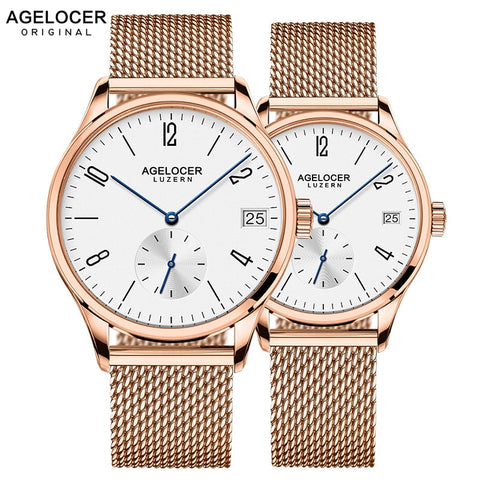 Agelocer Switzerland brand Casual lovers watches couple 2 pieces stainless steel Men Women Couple Wrist watches with watch box