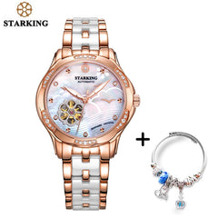 STARKING Automatic Lady Watch Rose Gold Steel Case Vogue Dress Watches Bracelet Set Skeleton Transparent Watch Women