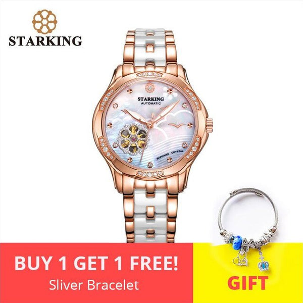 STARKING Automatic Lady Watch Rose Gold Steel Case Vogue Dress Watches Bracelet Set Skeleton Transparent Watch Women