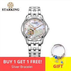 STARKING Automatic Lady Watch Rose Gold Steel Case Vogue Dress Watches Bracelet Set Skeleton Transparent Watch Women